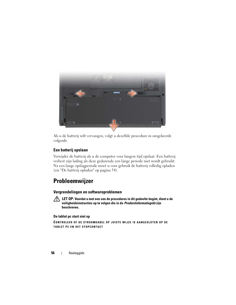 Een batterij opslaan, Probleemwijzer, Vergrendelingen en softwareproblemen | Dell Latitude XT (Late 2007) User Manual | Page 56 / 234