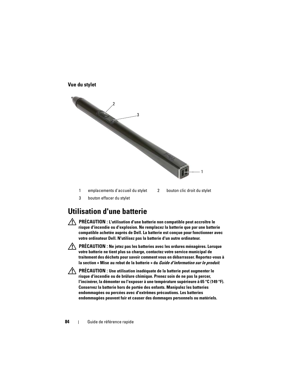Vue du stylet, Utilisation d'une batterie | Dell Latitude XT (Late 2007) User Manual | Page 84 / 234