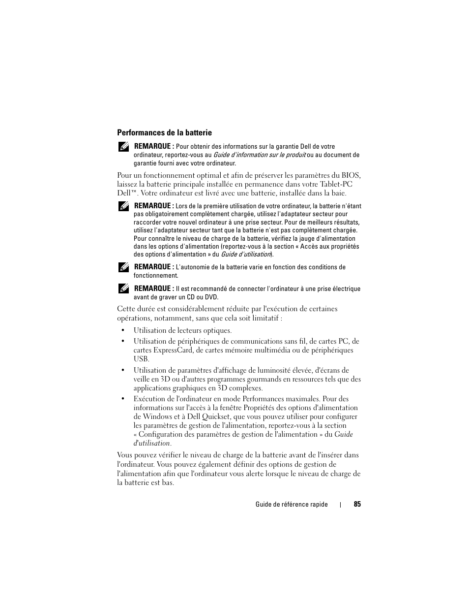 Performances de la batterie | Dell Latitude XT (Late 2007) User Manual | Page 85 / 234