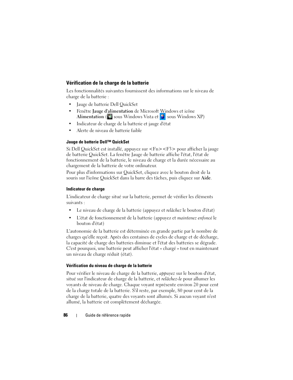 Vérification de la charge de la batterie | Dell Latitude XT (Late 2007) User Manual | Page 86 / 234