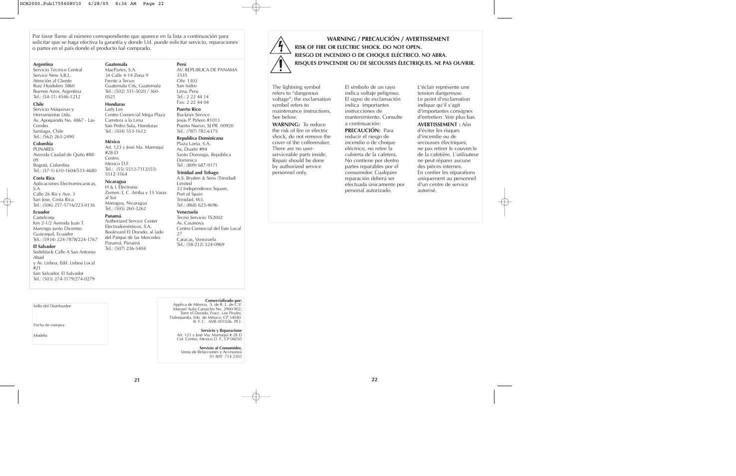 Warning / precaución / avertissement | Black & Decker DCM2000 User Manual | Page 12 / 13