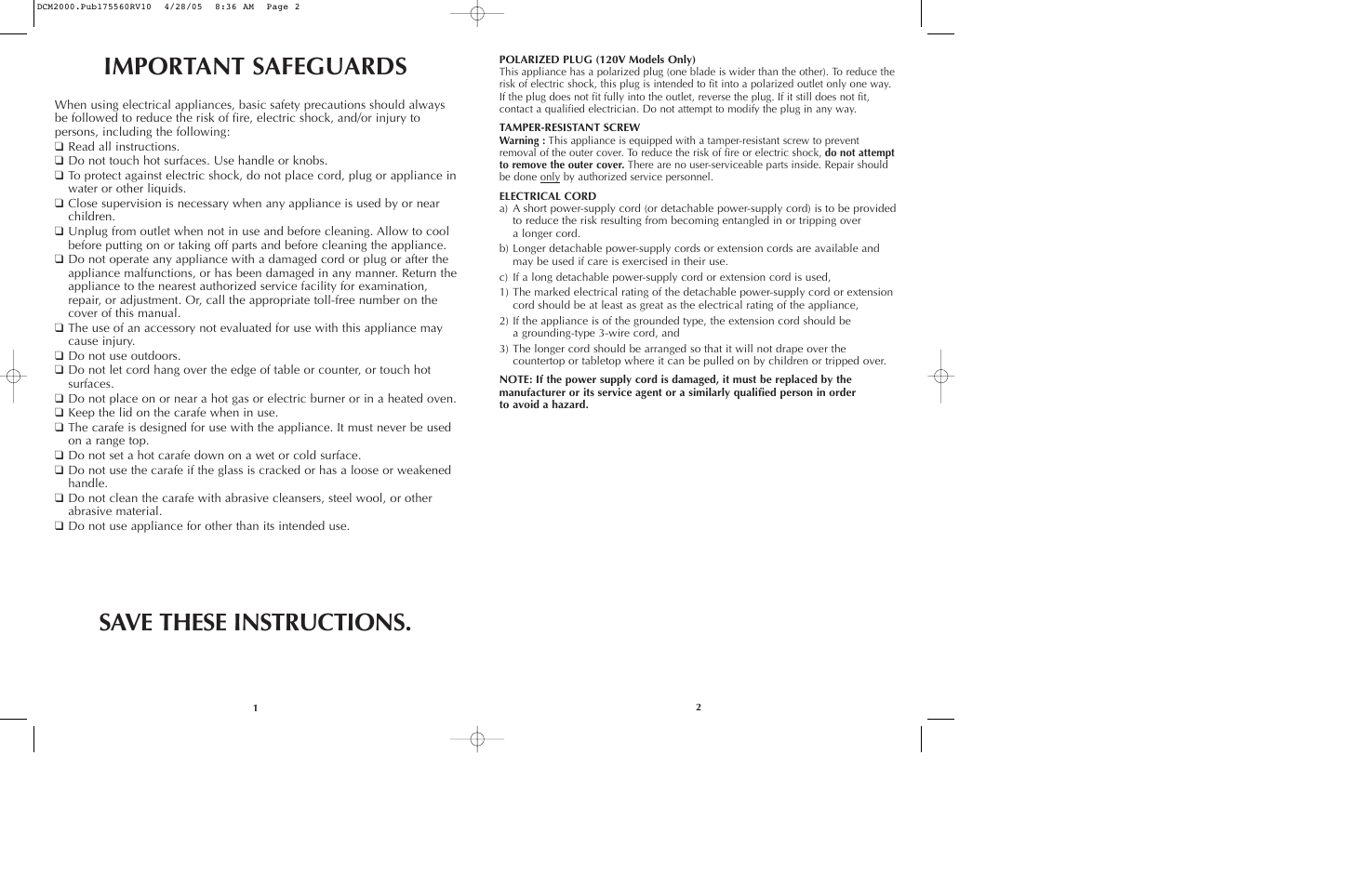 Important safeguards, Save these instructions | Black & Decker DCM2000 User Manual | Page 2 / 13
