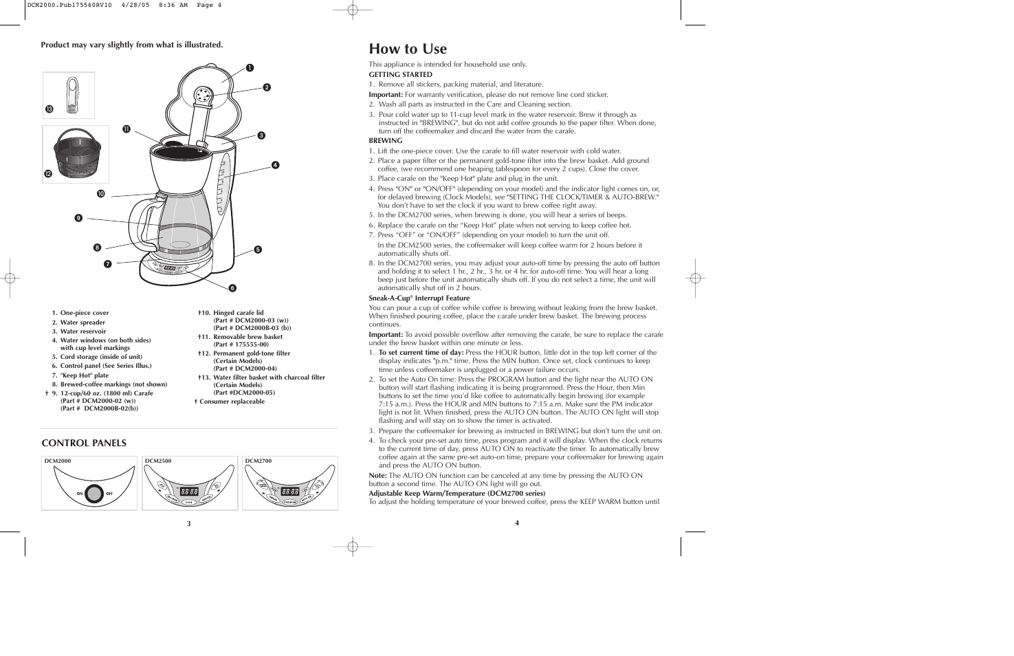 How to use, Control panels | Black & Decker DCM2000 User Manual | Page 3 / 13