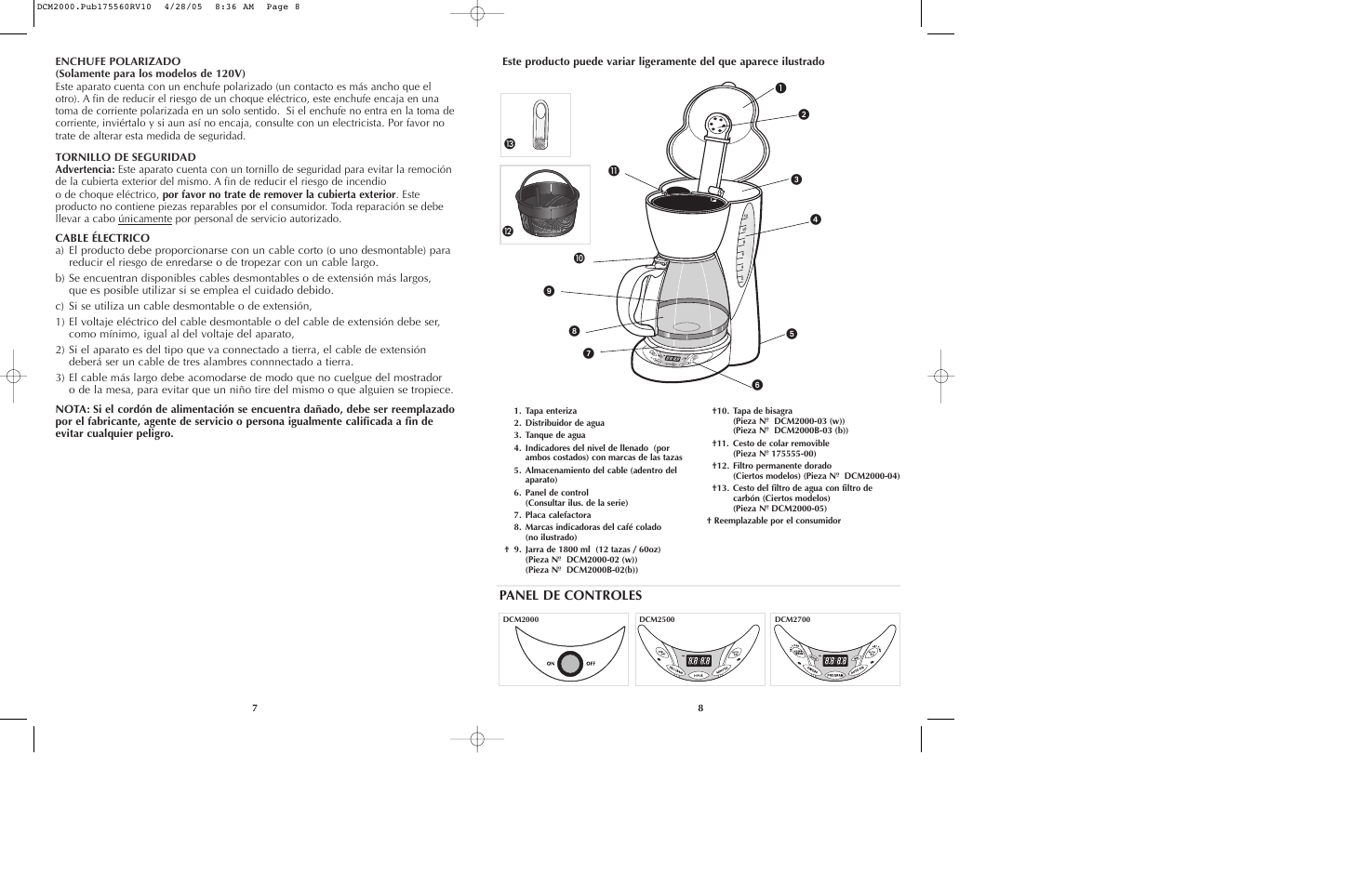 Panel de controles | Black & Decker DCM2000 User Manual | Page 5 / 13