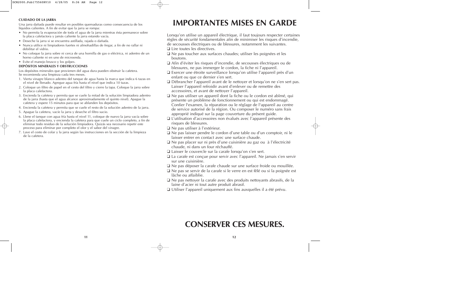 Importantes mises en garde conserver ces mesures | Black & Decker DCM2000 User Manual | Page 7 / 13