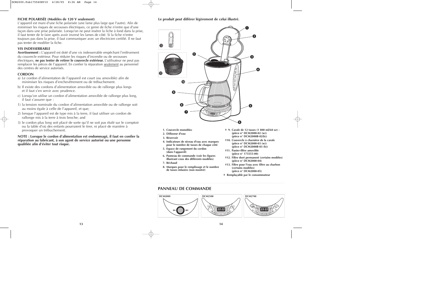 Panneau de commande | Black & Decker DCM2000 User Manual | Page 8 / 13