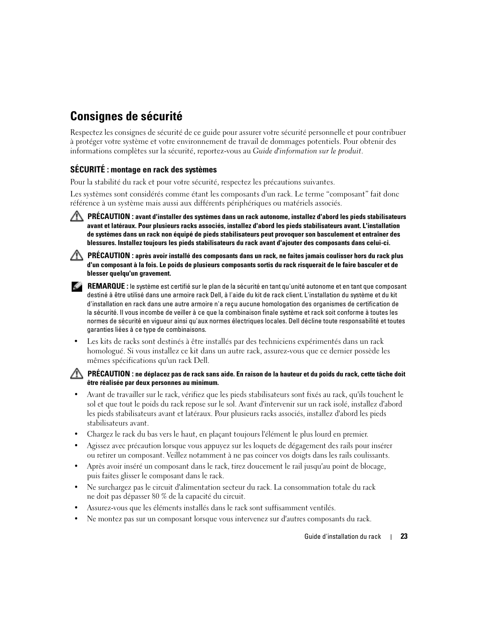 Consignes de sécurité, Sécurité : montage en rack des systèmes | Dell POWERVAULT MD1000 User Manual | Page 25 / 92