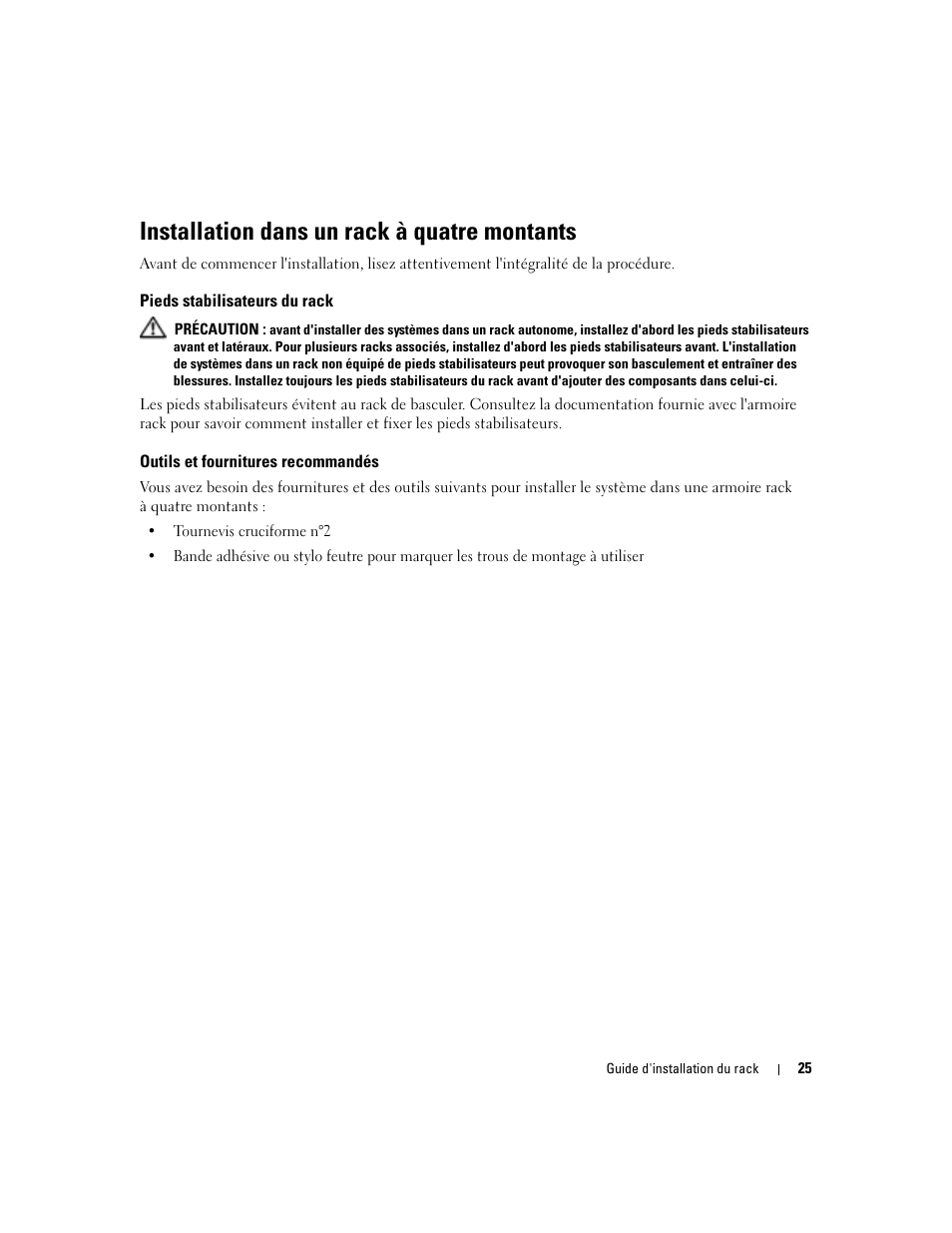 Installation dans un rack à quatre montants, Pieds stabilisateurs du rack, Outils et fournitures recommandés | Dell POWERVAULT MD1000 User Manual | Page 27 / 92