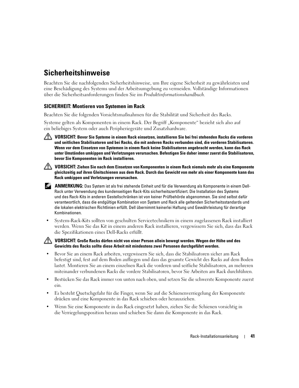 Sicherheitshinweise, Sicherheit: montieren von systemen im rack | Dell POWERVAULT MD1000 User Manual | Page 43 / 92