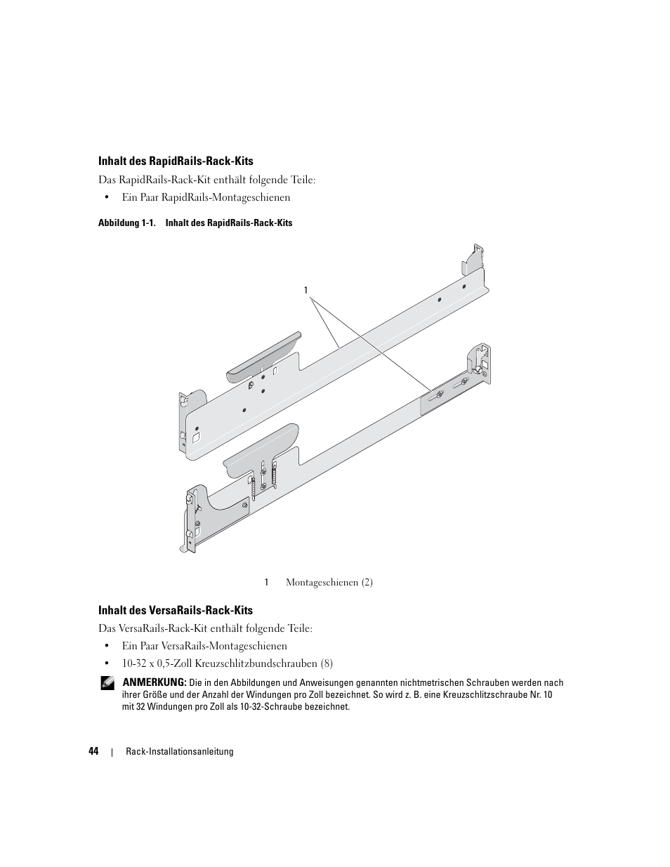 Inhalt des rapidrails-rack-kits, Inhalt des versarails-rack-kits | Dell POWERVAULT MD1000 User Manual | Page 46 / 92