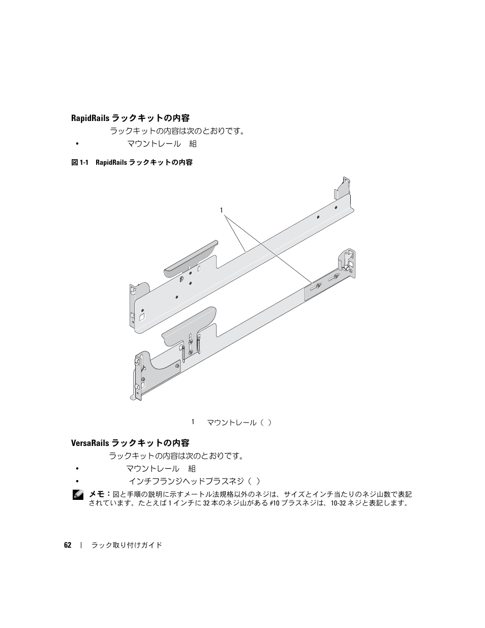 Rapidrails ラックキットの内容, Versarails ラックキットの内容 | Dell POWERVAULT MD1000 User Manual | Page 64 / 92
