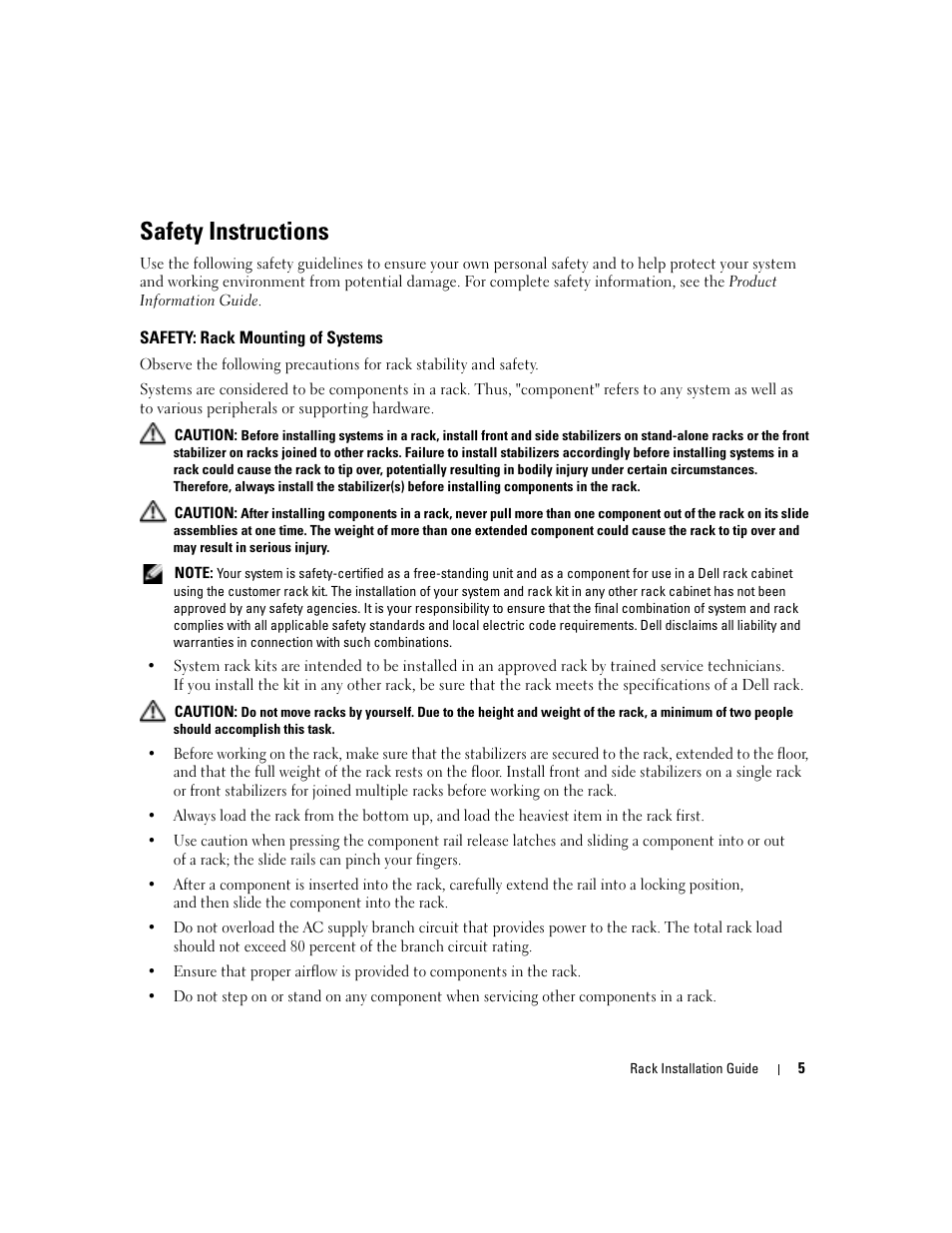 Safety instructions, Safety: rack mounting of systems | Dell POWERVAULT MD1000 User Manual | Page 7 / 92