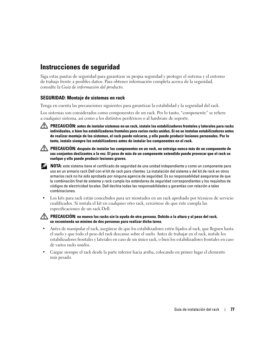Instrucciones de seguridad, Seguridad: montaje de sistemas en rack | Dell POWERVAULT MD1000 User Manual | Page 79 / 92