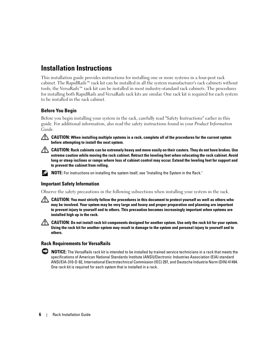 Installation instructions, Before you begin, Important safety information | Rack requirements for versarails | Dell POWERVAULT MD1000 User Manual | Page 8 / 92