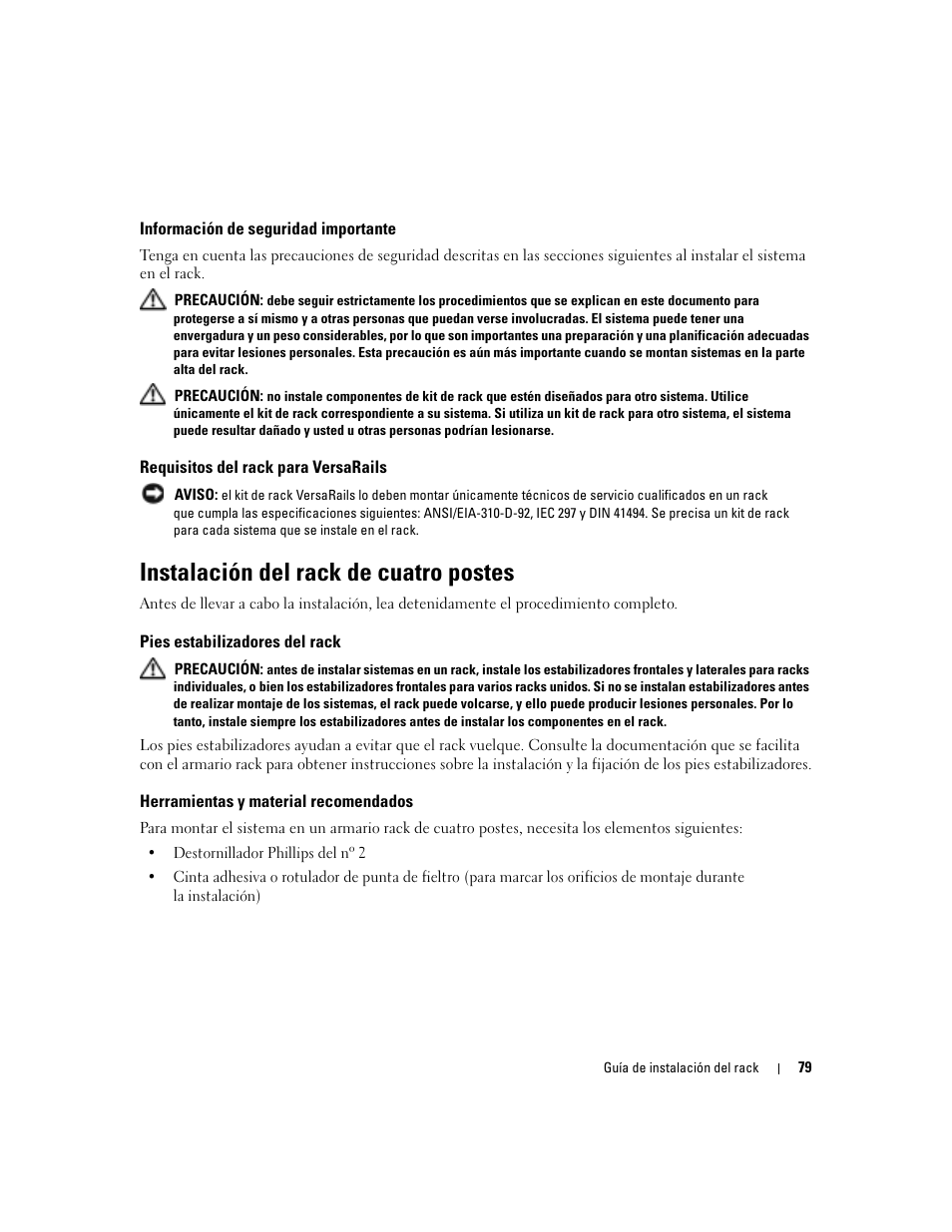 Información de seguridad importante, Requisitos del rack para versarails, Instalación del rack de cuatro postes | Pies estabilizadores del rack, Herramientas y material recomendados | Dell POWERVAULT MD1000 User Manual | Page 81 / 92