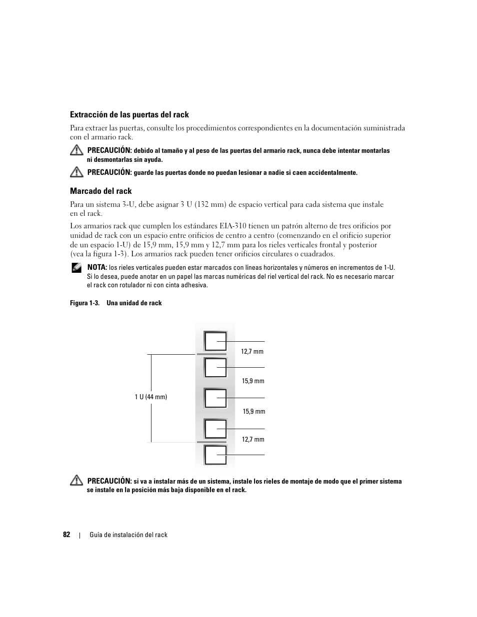 Extracción de las puertas del rack, Marcado del rack | Dell POWERVAULT MD1000 User Manual | Page 84 / 92