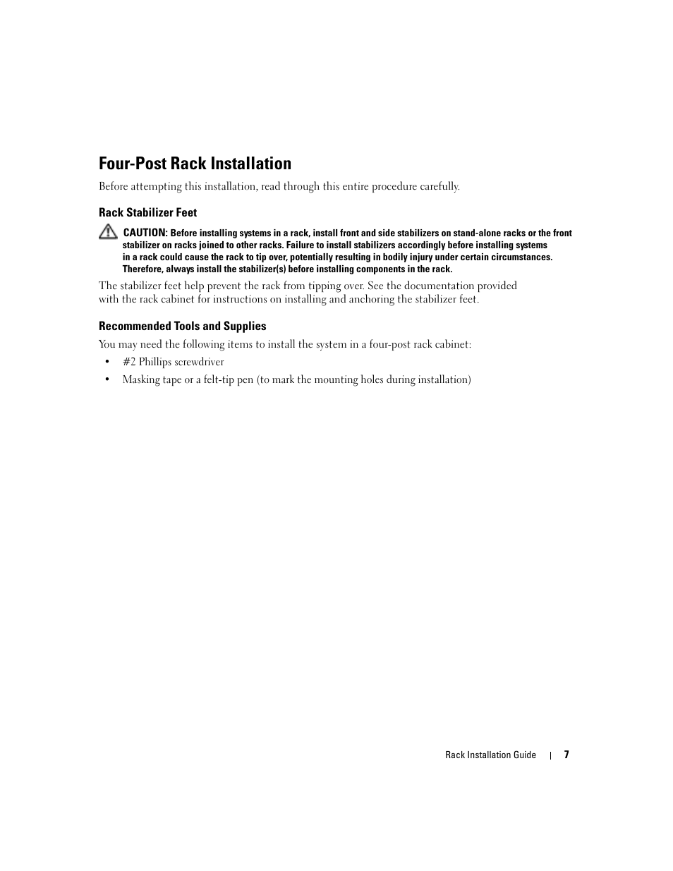 Four-post rack installation, Rack stabilizer feet, Recommended tools and supplies | Dell POWERVAULT MD1000 User Manual | Page 9 / 92