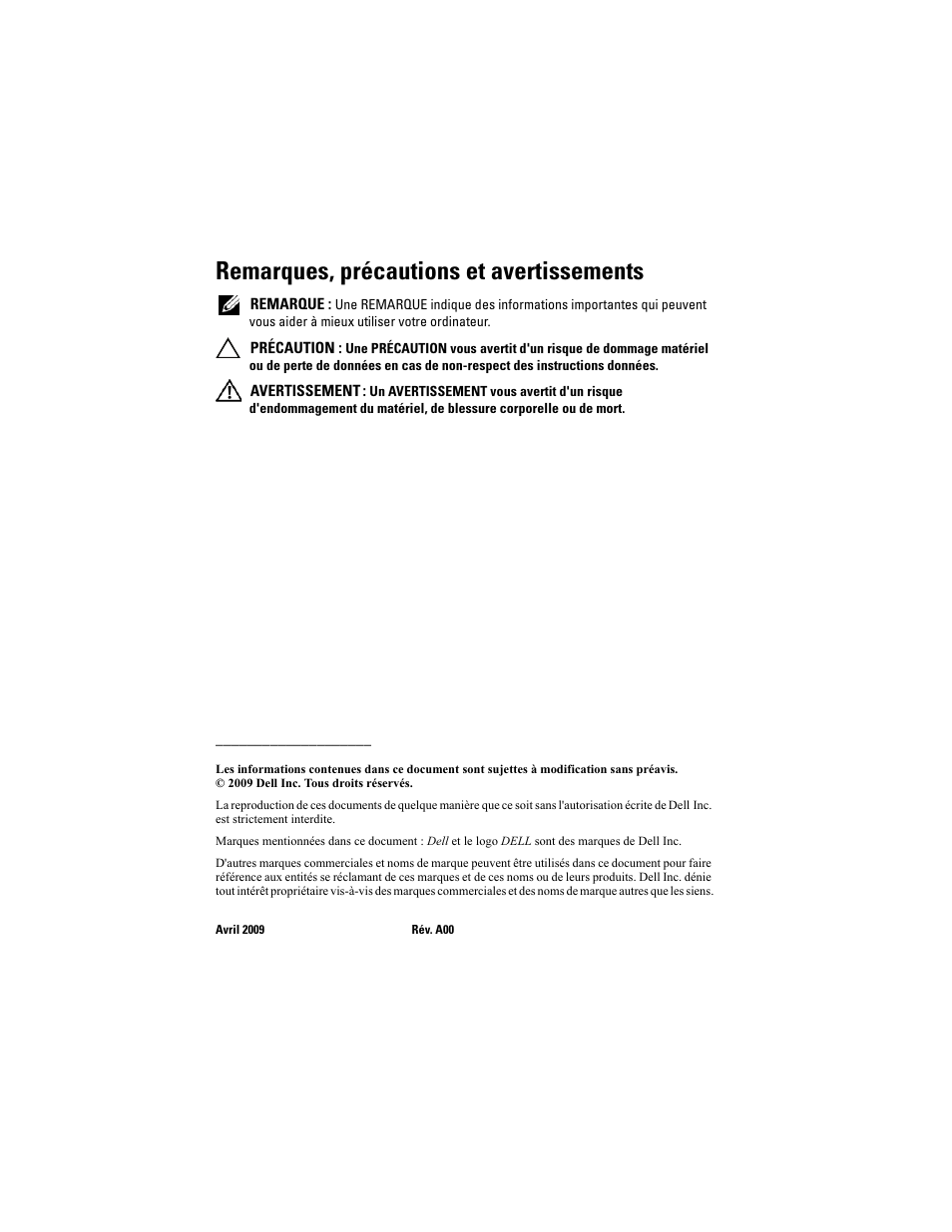 Remarques, précautions et avertissements | Dell POWEREDGE M915 User Manual | Page 22 / 70