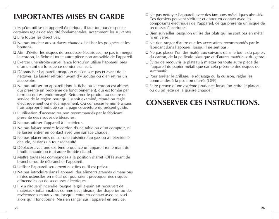 Importantes mises en garde, Conserver ces instructions | Black & Decker CTO6120B User Manual | Page 14 / 23