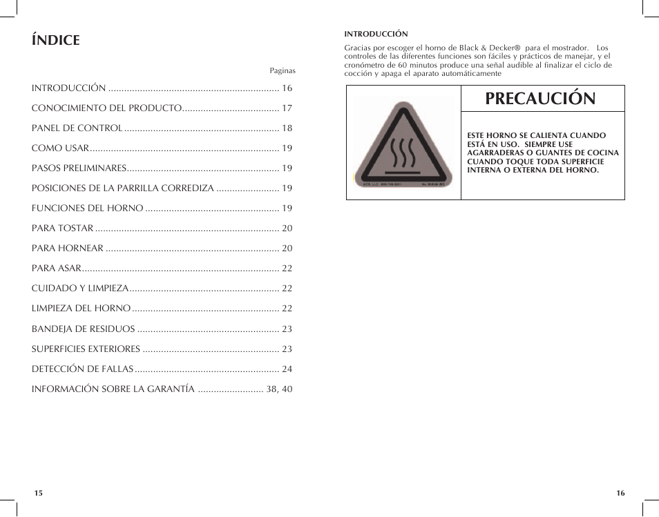 Precaución, Índice | Black & Decker CTO6120B User Manual | Page 9 / 23