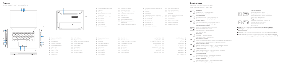 Features, Shortcut keys | Dell Inspiron 14 (3443, Early 2015) User Manual | Page 2 / 2