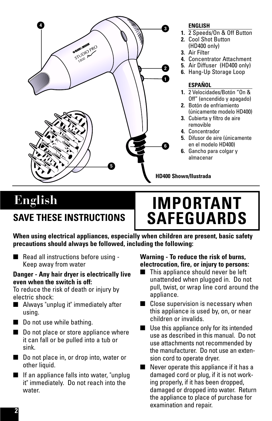 Safegaurds, Hd200, Hair dryer | Important safeguards, English, Save these instructions | Black & Decker HD200 User Manual | Page 2 / 8