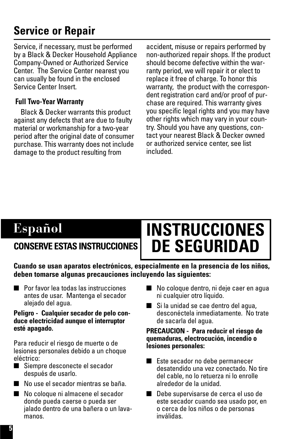 Instrucciones, Hd300, Secador de pelo | Instrucciones de seguridad, Español, Service or repair | Black & Decker HD200 User Manual | Page 5 / 8