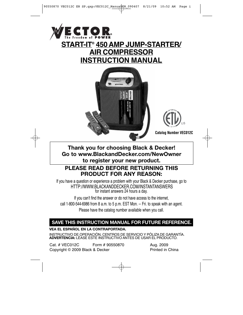 Black & Decker Start-It VEC012C User Manual | 19 pages