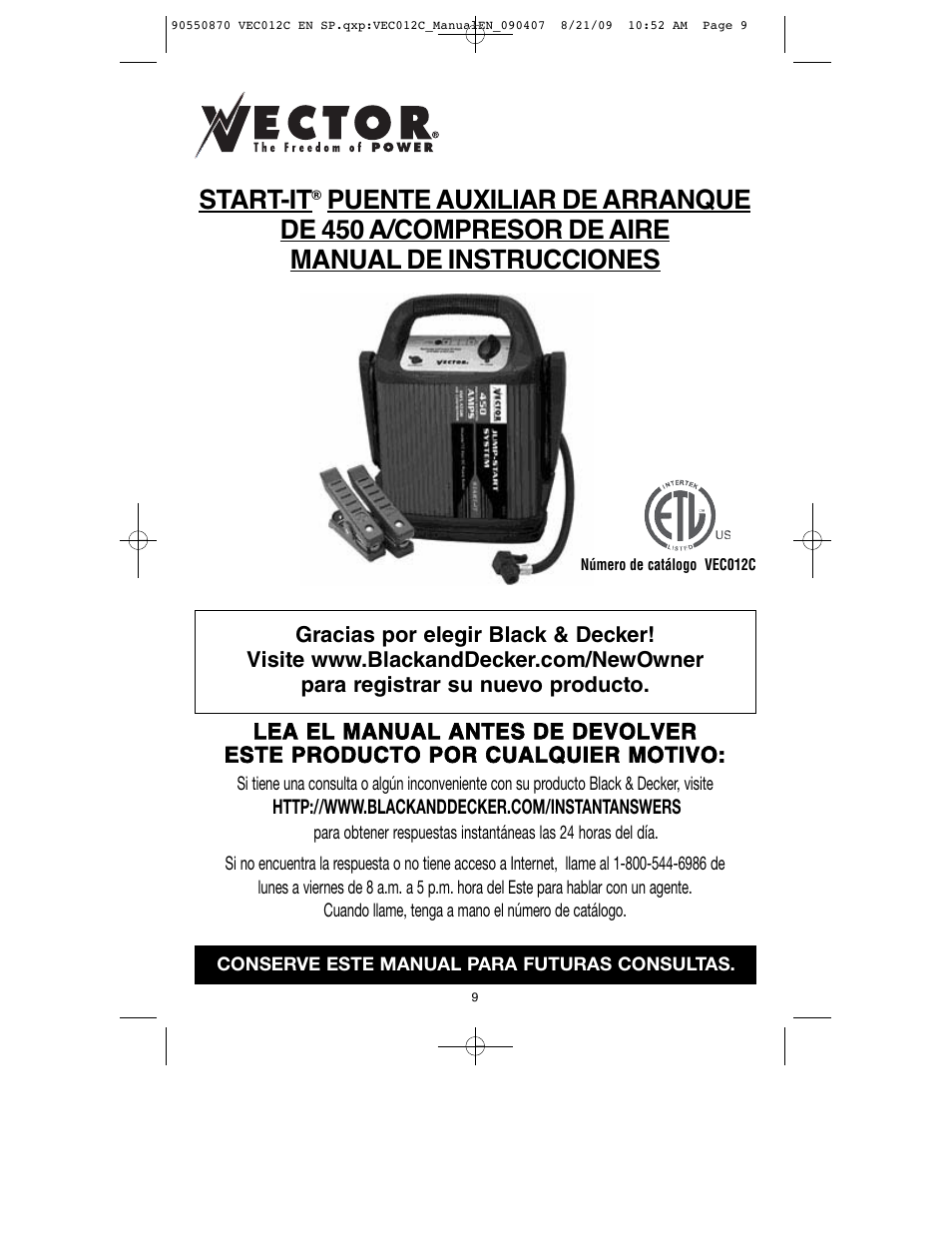 Start-it | Black & Decker Start-It VEC012C User Manual | Page 10 / 19