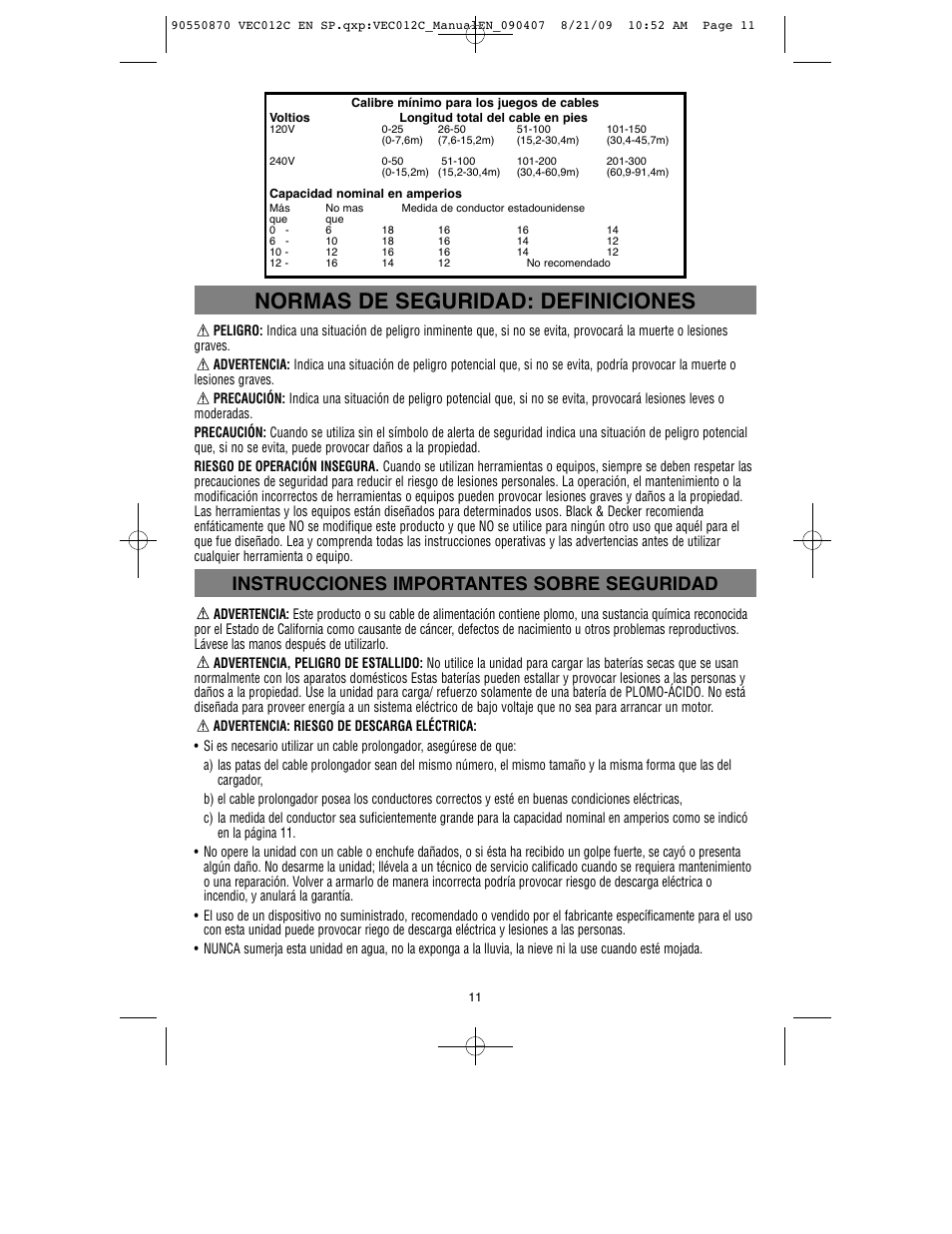Normas de seguridad: definiciones, Instrucciones importantes sobre seguridad | Black & Decker Start-It VEC012C User Manual | Page 12 / 19