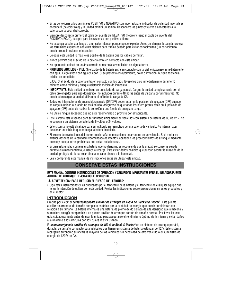 Conserve estas instrucciones | Black & Decker Start-It VEC012C User Manual | Page 14 / 19