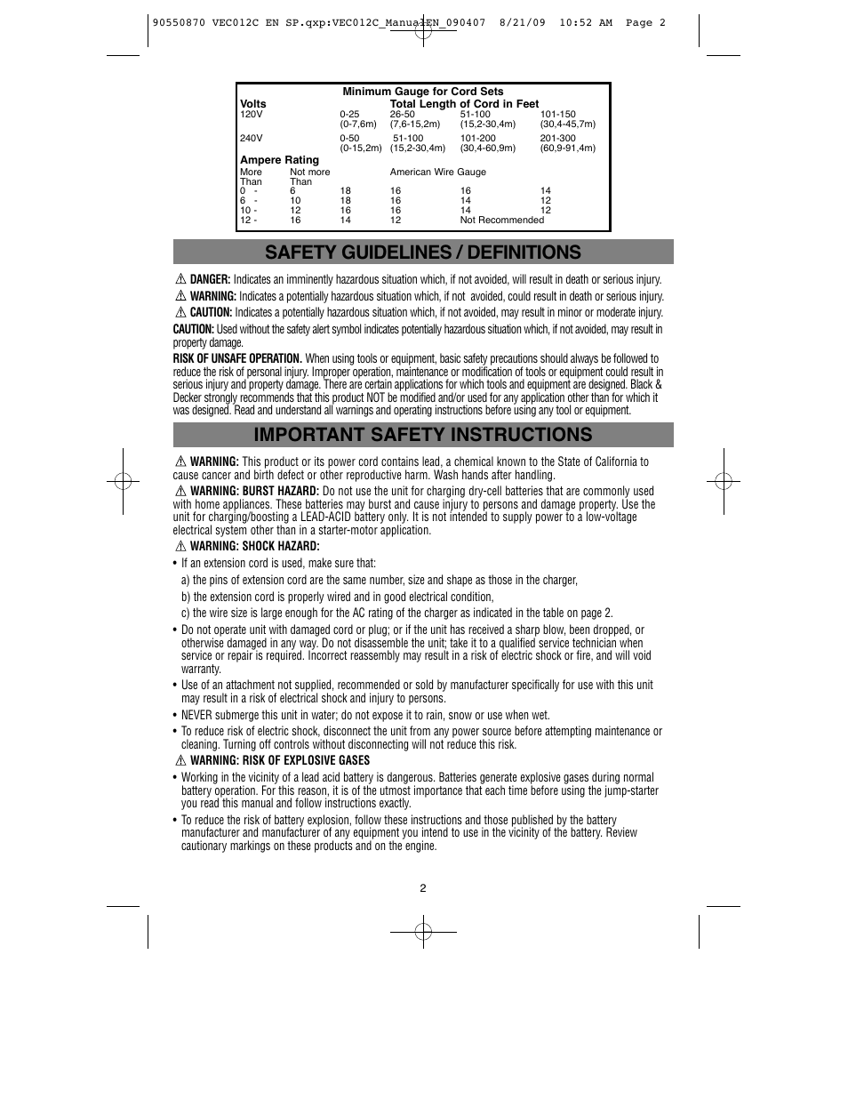 Safety guidelines / definitions, Important safety instructions | Black & Decker Start-It VEC012C User Manual | Page 3 / 19