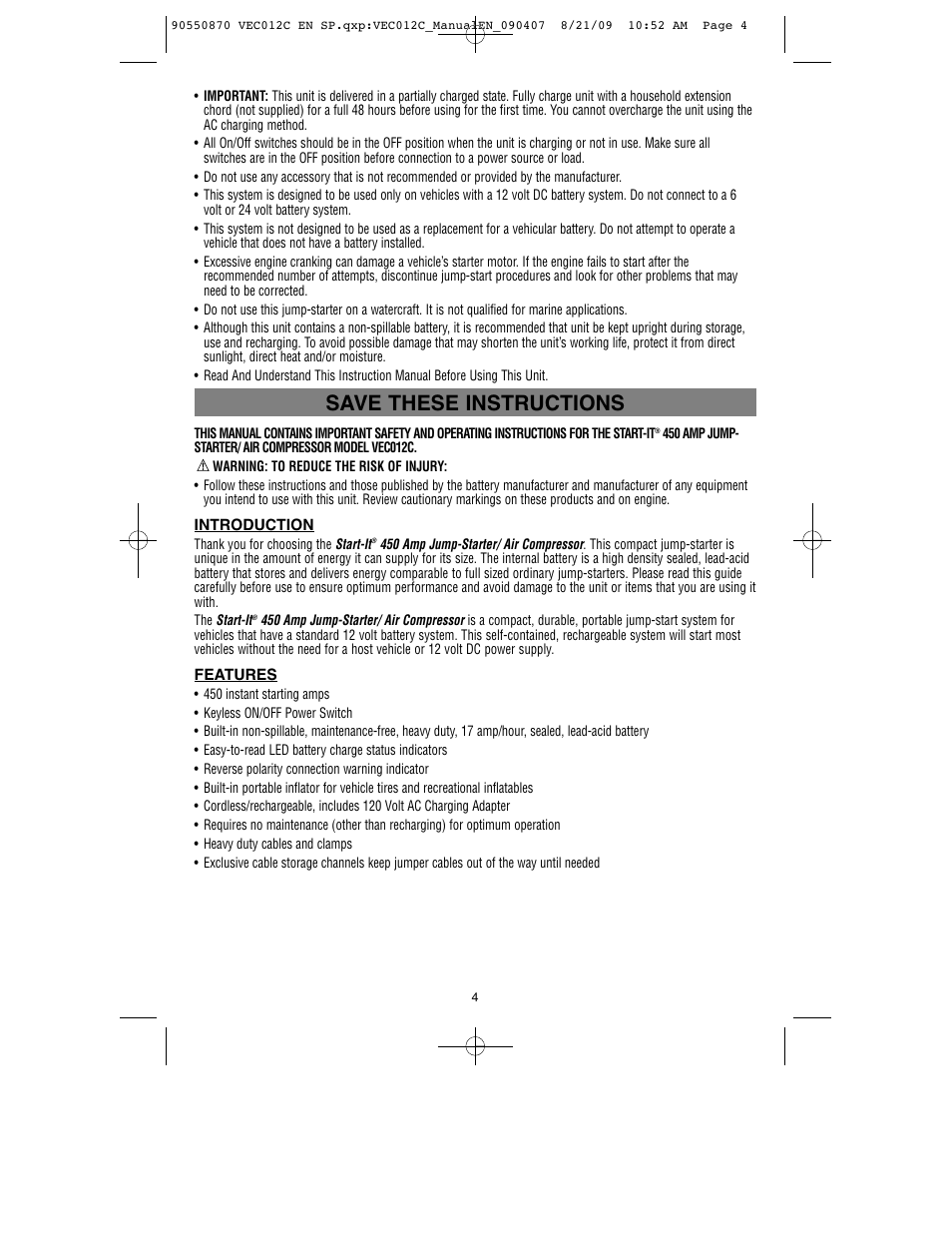 Save these instructions | Black & Decker Start-It VEC012C User Manual | Page 5 / 19
