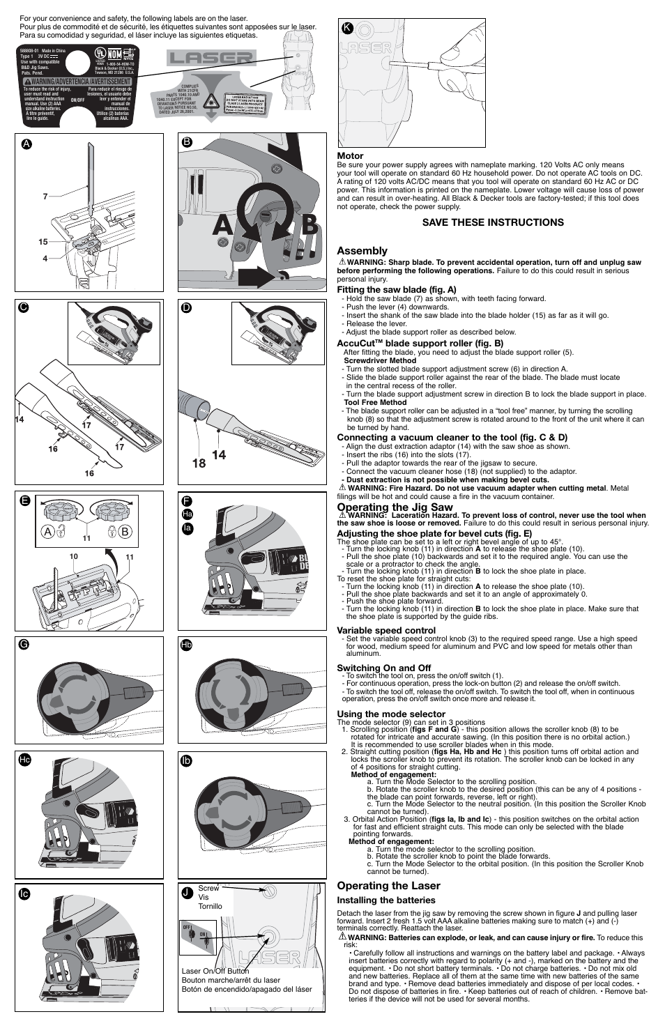 Assembly, Operating the jig saw, Operating the laser | Save these instructions, Ic j, Ab c d k | Black & Decker JS700L User Manual | Page 2 / 7