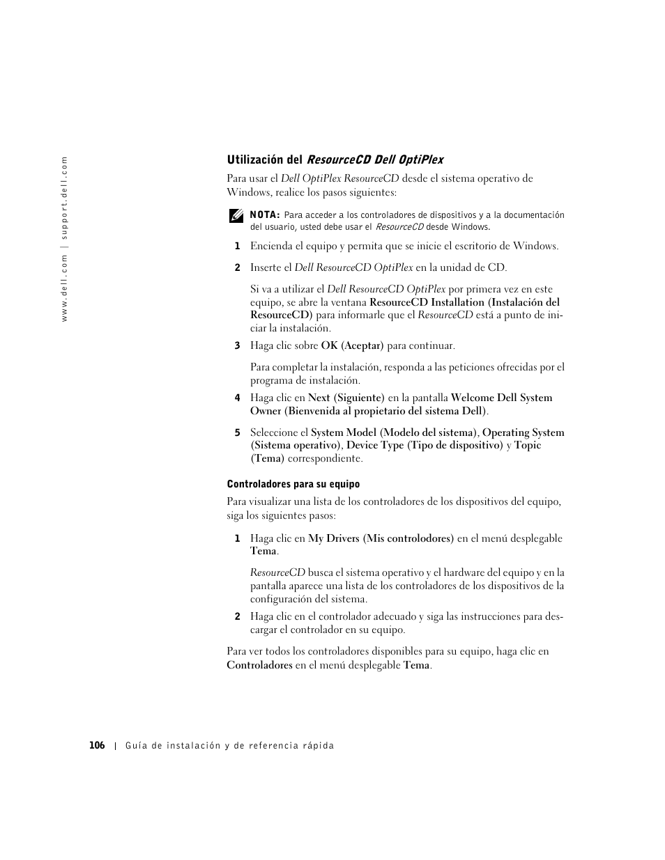 Utilización del resourcecd dell optiplex, Controladores para su equipo | Dell OptiPlex GX240 User Manual | Page 108 / 121