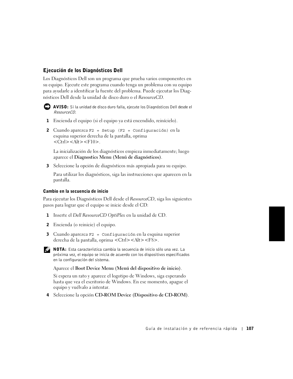 Ejecución de los diagnósticos dell, Cambio en la secuencia de inicio | Dell OptiPlex GX240 User Manual | Page 109 / 121