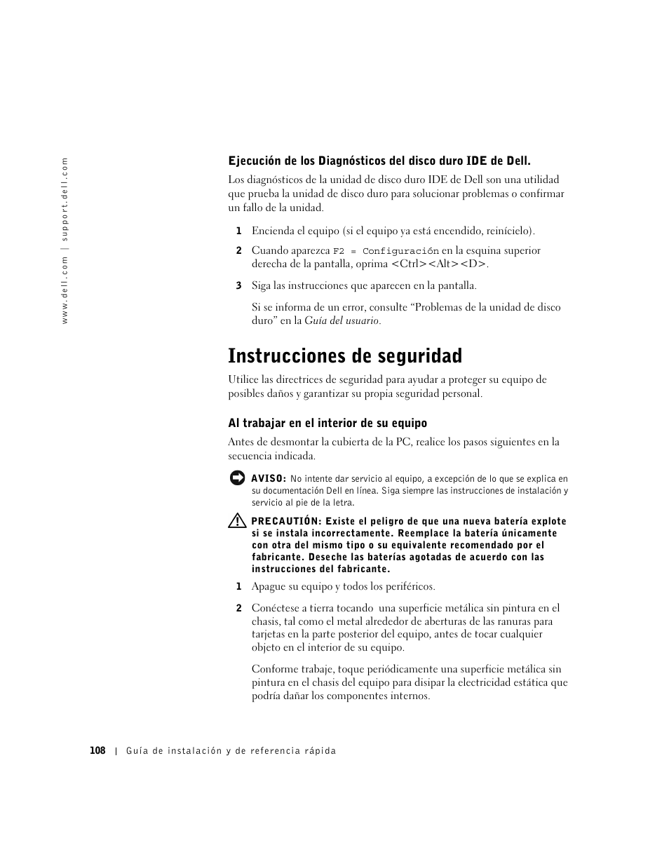 Instrucciones de seguridad, Al trabajar en el interior de su equipo | Dell OptiPlex GX240 User Manual | Page 110 / 121