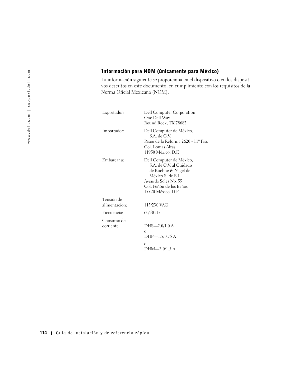 Información para nom (únicamente para méxico), Información para nom (únicamente para méxico) | Dell OptiPlex GX240 User Manual | Page 116 / 121