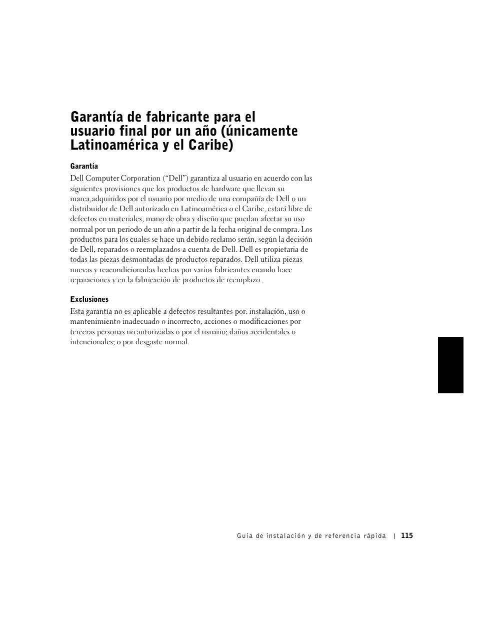 Garantía, Exclusiones | Dell OptiPlex GX240 User Manual | Page 117 / 121