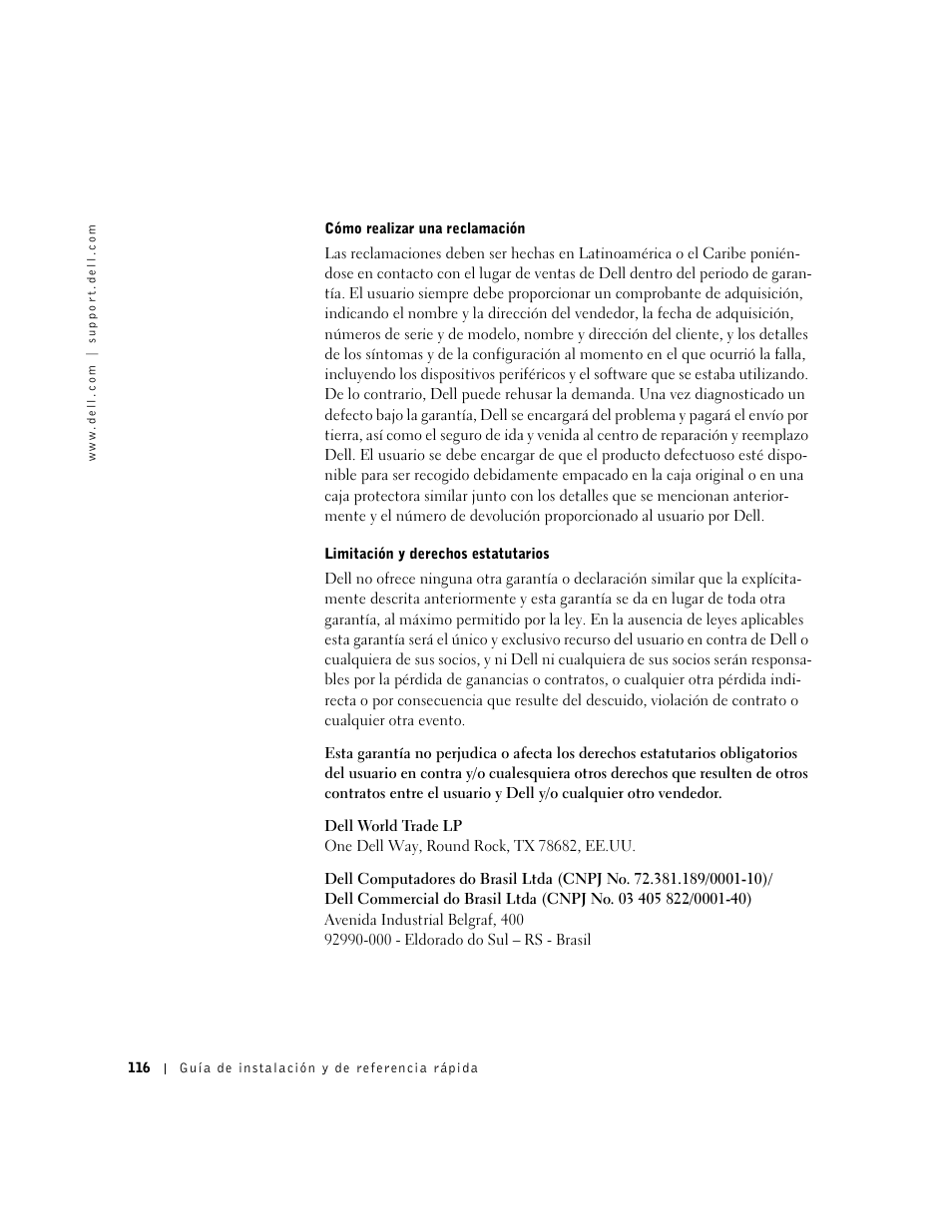 Cómo realizar una reclamación, Limitación y derechos estatutarios | Dell OptiPlex GX240 User Manual | Page 118 / 121