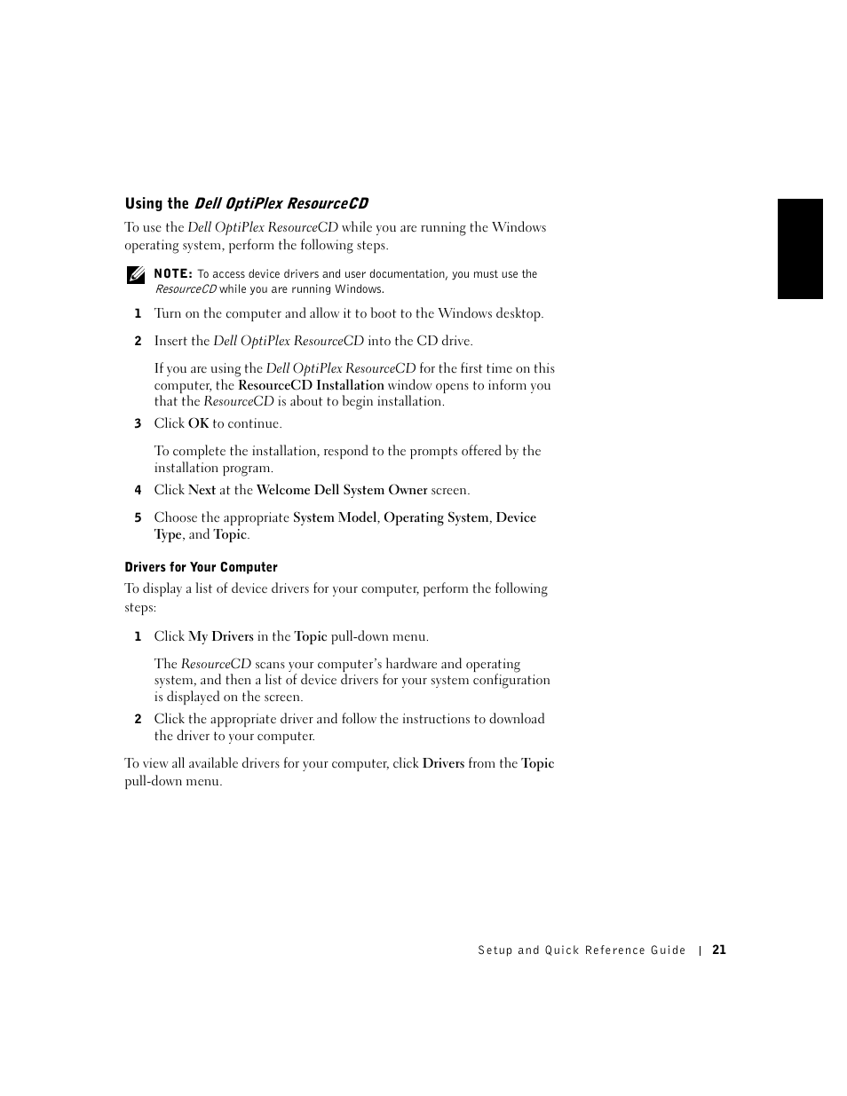 Using the dell optiplex resourcecd, Drivers for your computer | Dell OptiPlex GX240 User Manual | Page 23 / 121