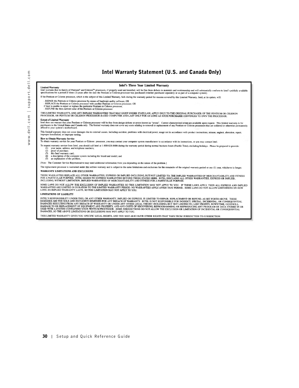 Intel warranty statement (u.s. and canada only) | Dell OptiPlex GX240 User Manual | Page 32 / 121