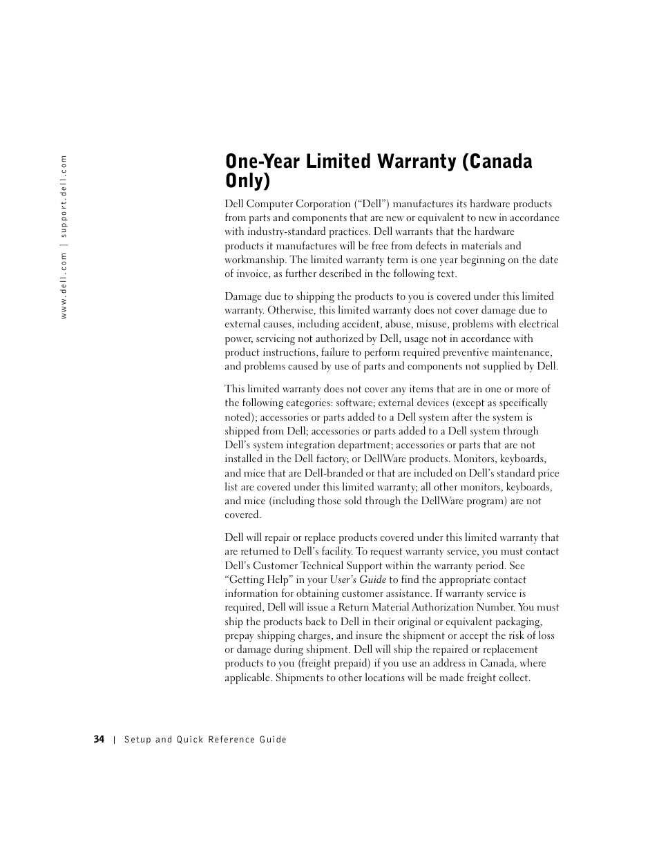 One-year limited warranty (canada only) | Dell OptiPlex GX240 User Manual | Page 36 / 121