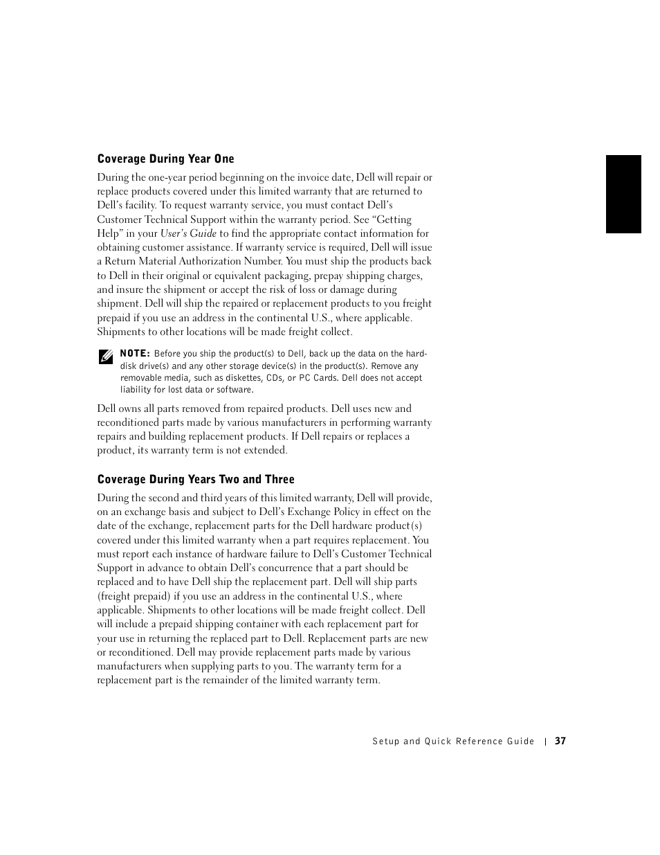 Coverage during year one, Coverage during years two and three | Dell OptiPlex GX240 User Manual | Page 39 / 121