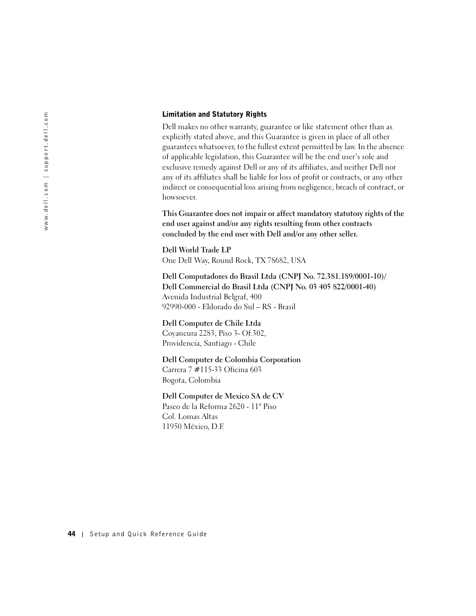 Limitation and statutory rights | Dell OptiPlex GX240 User Manual | Page 46 / 121
