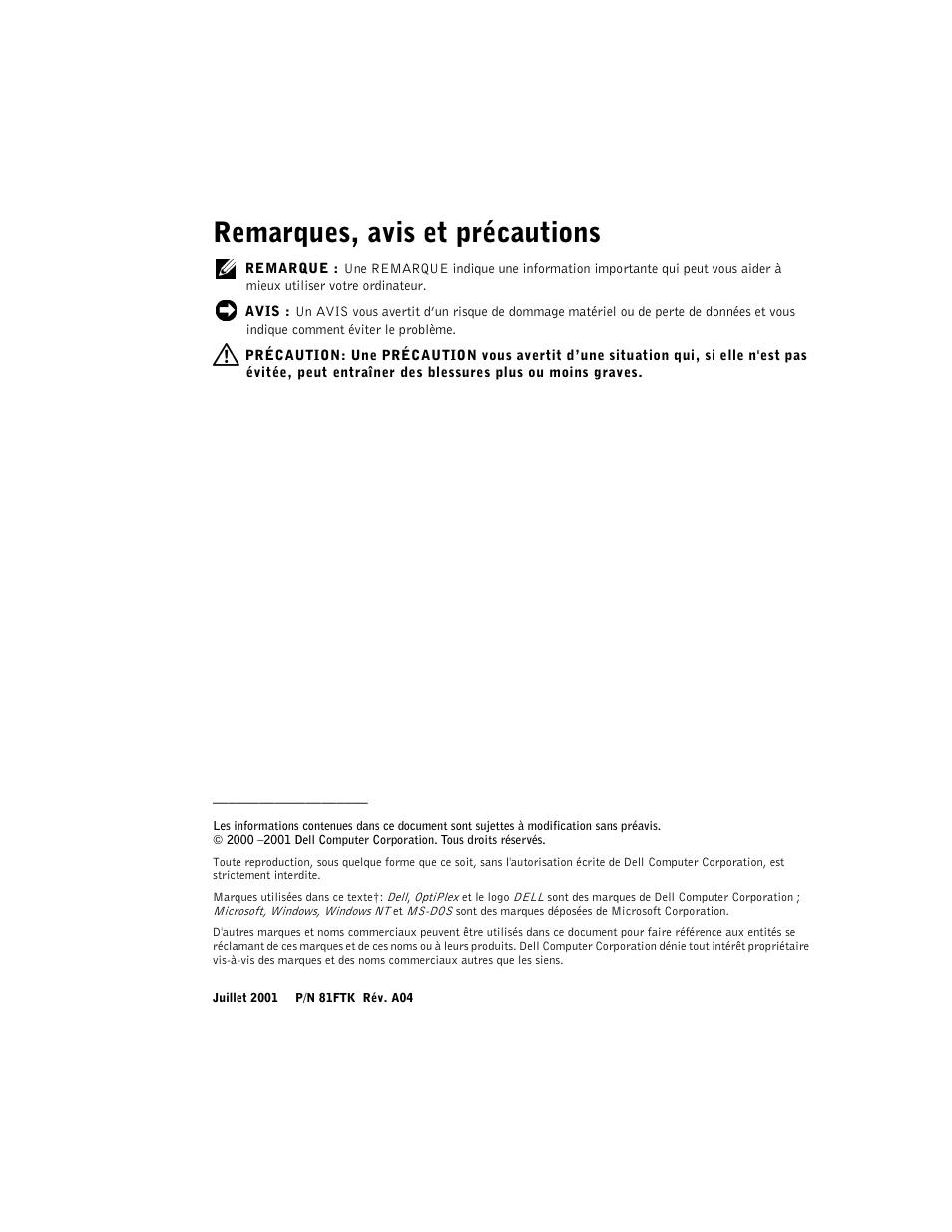 Remarques, avis et précautions | Dell OptiPlex GX240 User Manual | Page 50 / 121