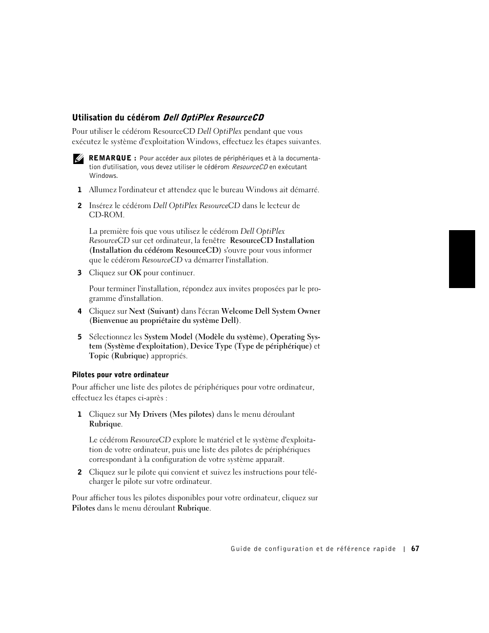 Utilisation du cédérom dell optiplex resourcecd, Pilotes pour votre ordinateur | Dell OptiPlex GX240 User Manual | Page 69 / 121