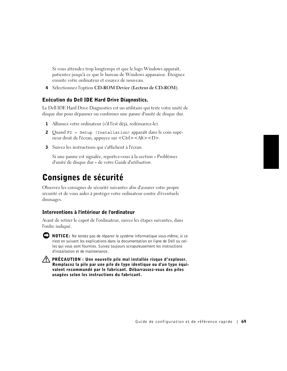 Exécution du dell ide hard drive diagnostics, Consignes de sécurité, Interventions à l'intérieur de l'ordinateur | Dell OptiPlex GX240 User Manual | Page 71 / 121