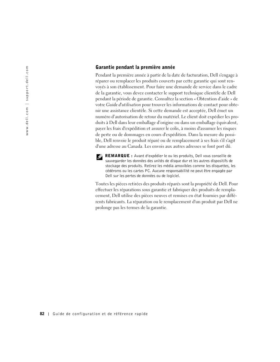 Garantie pendant la première année | Dell OptiPlex GX240 User Manual | Page 84 / 121