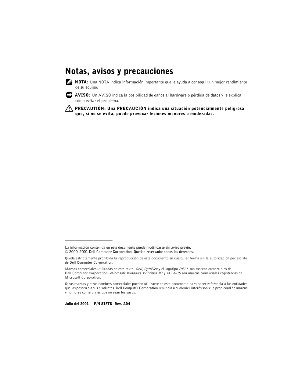 Notas, avisos y precauciones | Dell OptiPlex GX240 User Manual | Page 90 / 121